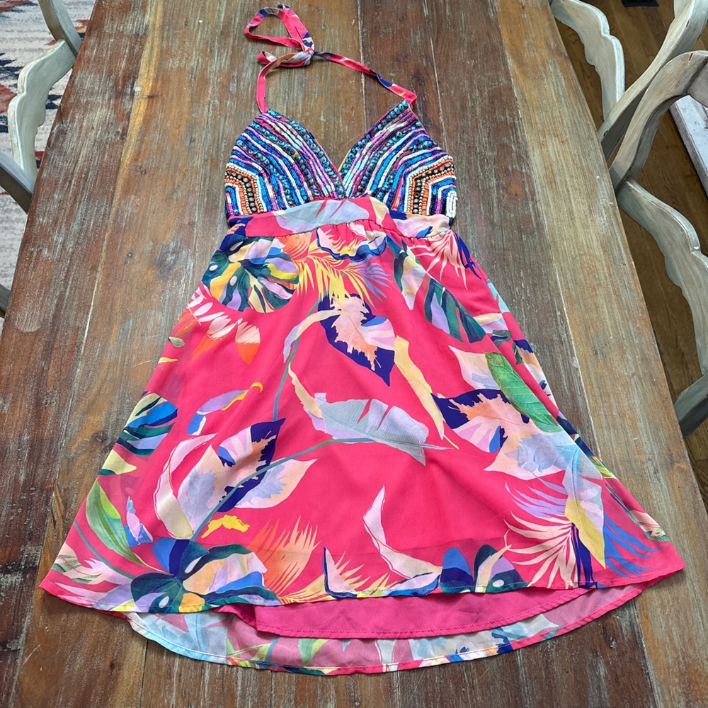 Boston Proper Pink Beaded Sequin Halter High Low Dress Small